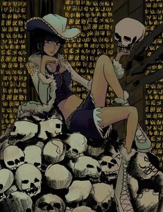 a woman sitting on top of a pile of skulls next to a man in a cowboy hat