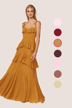 a woman in a long dress with different color swatches on the bottom and bottom