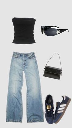 a woman's outfit including jeans, sneakers and sunglasses is shown in this image