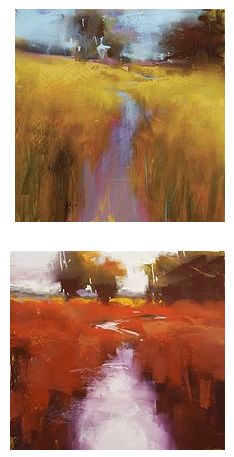 two paintings of water and grass in different colors