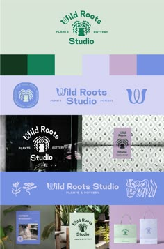 Wild Roots Studio logo featuring a stylized leaf and the name of the brand in green and purple. A brand identity style sheet featuring mockups of the brand. Green Brand Identity Design, Plant Shop Branding Design, Color Palette Design Logo, Florist Color Palette, Pottery Studio Branding, Purple And Green Branding, Plant Shop Design, Purple Packaging Design, Plant Shop Branding