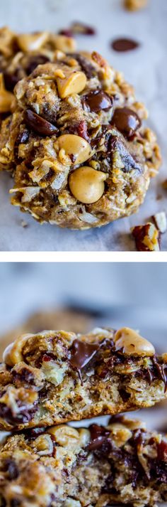 two pictures of cookies with nuts and chocolate