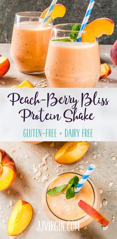 peach berry bliss protein shake with two glasses filled with the same drink and topped with sliced peaches