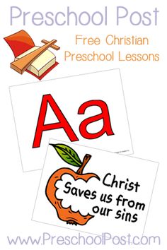 a poster with the words, free christian preschool lessons and an apple on top of it