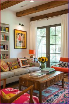 a living room filled with furniture and bookshelves next to a window covered in sunflowers