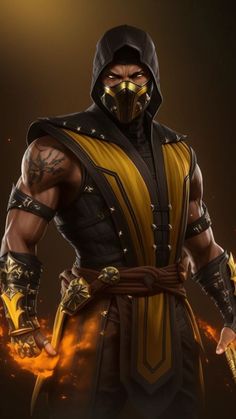 a man in a yellow and black outfit with flames around his waist, holding two swords