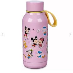 a pink water bottle with mickey and minnie mouse stickers on it