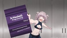 an anime character is holding up a sign that says x - hakell programming