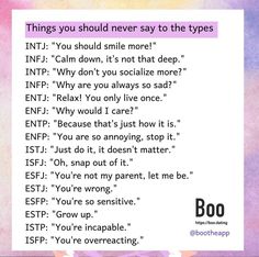 Esfp Istj, Entp Isfj, Enfp Intj, Infp Enfj