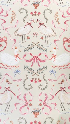 the wallpaper has flamingos on it and is painted with pink, blue, red, and white colors