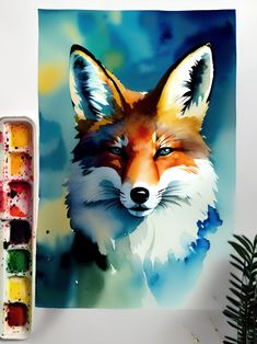 a painting of a fox with watercolors next to it