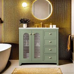 a bathroom with a sink, mirror and bathtub in the corner next to a rug