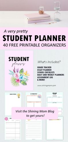 the student planner printable is displayed on a table with pink flowers and text that reads,