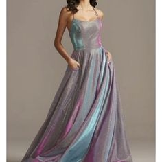 David’s Bridal Iridescent Prom Dress. Never Worn, Only Tried On Once. Size 16, But Fits 14 Too. Price Is Firm. Under The Stars Prom Theme, Glittery Gown, Iridescent Prom Dress, Themed Prom Dresses, Holographic Dress, Extra Dress, Iridescent Dress, Hollywood Dress, Prom Theme