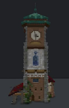 a very tall clock tower with a green top on it's face and windows