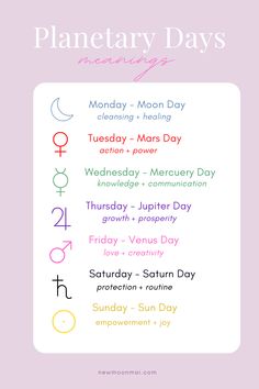 Days Of The Week Manifestation, Days Of The Week Energy, Days Of The Week Magical Correspondences, Day Meanings Spiritual, Days Of The Week Meaning Witchcraft, Magickal Days Of The Week, Chakra And Days Of The Week, Days Of Week Magic, Wicca Days Of The Week