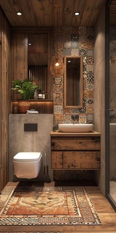 a bathroom with a toilet, sink and shower stall in it's wood paneled walls