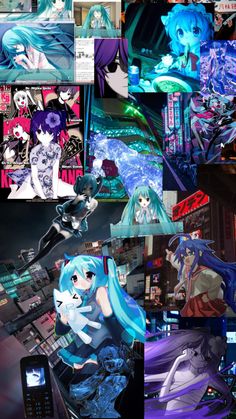 many different images of anime characters and their names on the screen, including one with blue hair