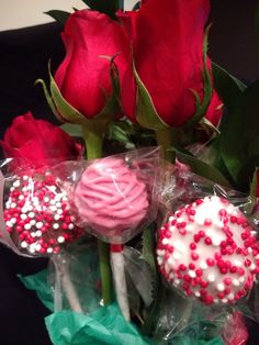 roses and cake pops wrapped in cellophane