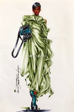 a drawing of a woman wearing a green dress and holding a handbag in her right hand