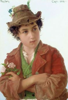 a painting of a young boy wearing a brown hat and jacket with flowers in his hand