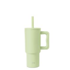 a green cup with a straw sticking out of it