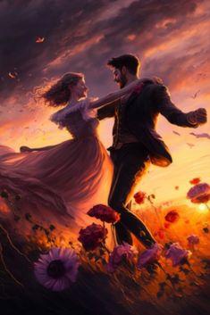 a painting of a man and woman dancing in a field with wildflowers at sunset