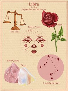 the zodiac signs are depicted in this graphic art work, including libra and rose quartz