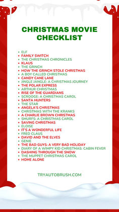 the christmas movie checklist is shown in red and green, with snow on it