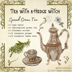 the tea with a hedge witch recipe is shown on a yellow background and features an illustration of a teapot, cup, saucer, cinnamon sticks, lemon ginger, 1 / 2 teaspoon