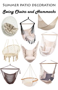 various hammocks and chairs with text overlay that reads summer patio decoration swing chairs and hammocks