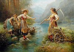 two women are standing in the water with an arrow