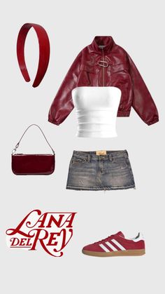 a woman's outfit with red shoes and a handbag, including a leather jacket