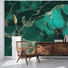 a green marble wallpaper in a room with a wooden chair and sideboard next to it