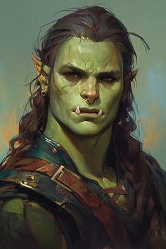 a painting of a man with long hair and an elf's face painted in green