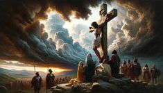 a painting of jesus on the cross with other people standing around him and clouds in the background