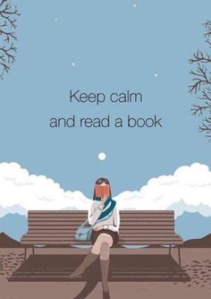 a woman sitting on a bench with the words keep calm and read a book