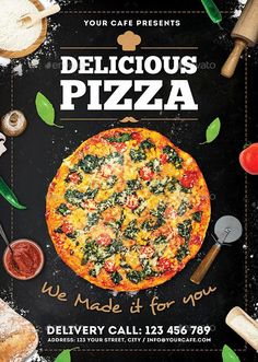 an advertisement for a pizza restaurant with toppings and ingredients on the table in front of it