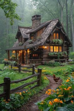 a log cabin in the woods with flowers around it