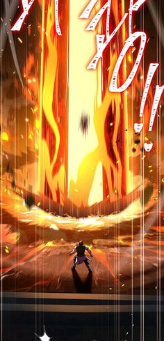 an anime scene with fire and flames in the background