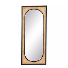 a mirror that is sitting on top of a shelf with a wooden frame and black trim