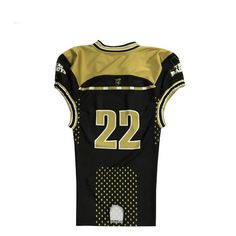 a black and yellow football jersey with the number 22 on it's chest, in front of a white background