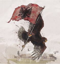 an eagle holding a red umbrella and flying it's wings in the air with another bird on its back