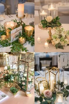 wedding centerpieces with candles, flowers and greenery are shown in three different pictures