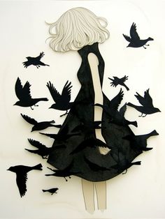 a drawing of a woman surrounded by birds in black and white, with her back to the camera