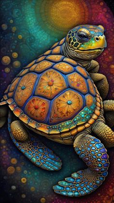 a painting of a turtle on a colorful background