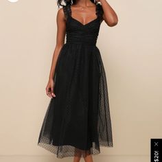 Midi Black Dress From Lulus. Never Worn, Still In Delivery Package. Missed Return Window. White Bridal Shower Dress, Black Ruffled Dress, Swiss Dot Dress, Tulle Midi Dress, Ruched Midi Dress, Darling Dress, Ruched Bodice, Long Black Dress, Lace Midi