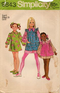 Simplicity 9843 Mini Dress & Collarless Smock w Armhole Ruffles Sz 6 COMPLETE Smock Pattern, 70s Girl, 1970s Sewing Patterns, Childrens Sewing Patterns, Vintage Girls Dresses, Sewing Patterns Girls, Zip Collar, Simplicity Sewing, Simplicity Sewing Patterns