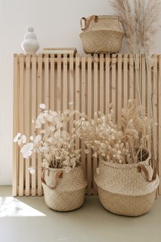 three baskets with plants in them sitting on a shelf next to a vase and other items