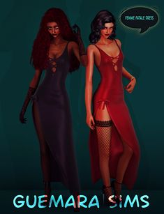 two women dressed in red and black are standing next to each other with the caption guemara sims